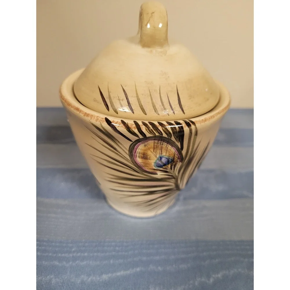 Tabletops Peacock Hand Painted NWT Cream Ceramic‎ Sugar Bowl & Creamer Gift Set